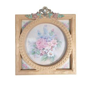 Vtg Ava Freeman Framed Floral Print Home Decor Circle in a Square 13"x13"